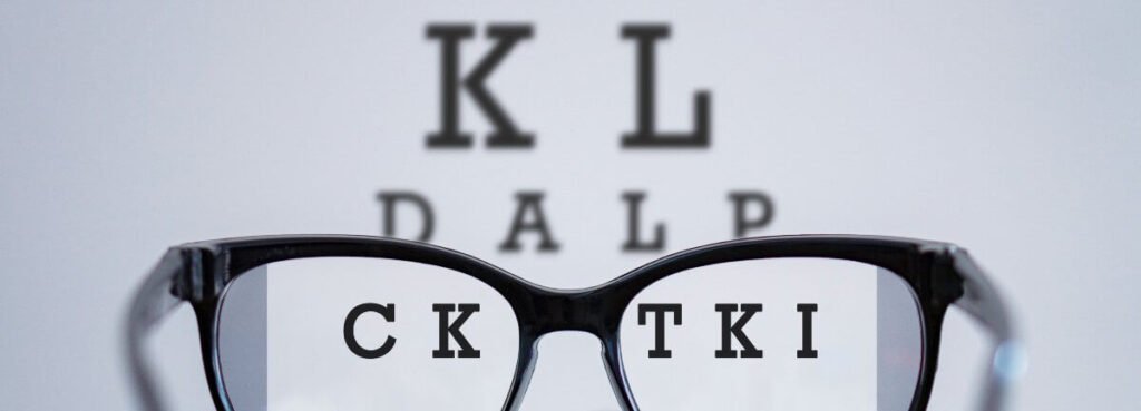 eyeglasses on table at visual exam